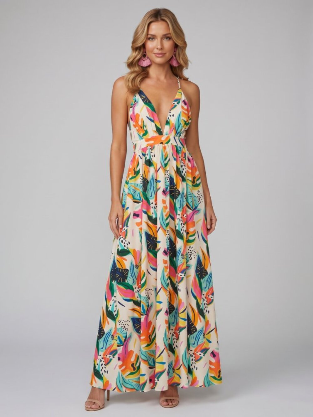 Women's Tropical Floral Backless Maxi Dress Spaghetti Strap Resort Vacation Boho